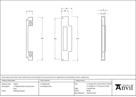 From The Anvil - Polished Chrome Rebate Kit for Euro Din Sash Lock | Sku. 51814 | Trade Door Handles.