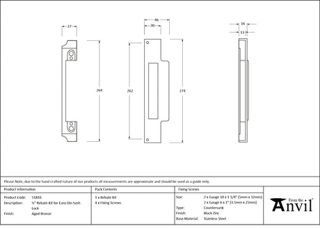 From The Anvil - Aged Bronze Rebate Kit for Euro Din Sash Lock | Sku. 51816 | Trade Door Handles.