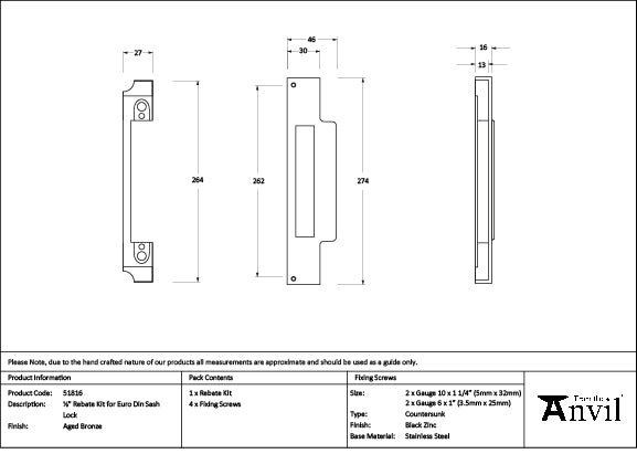 From The Anvil - Aged Bronze ½" Rebate Kit for Euro Din Sash Lock