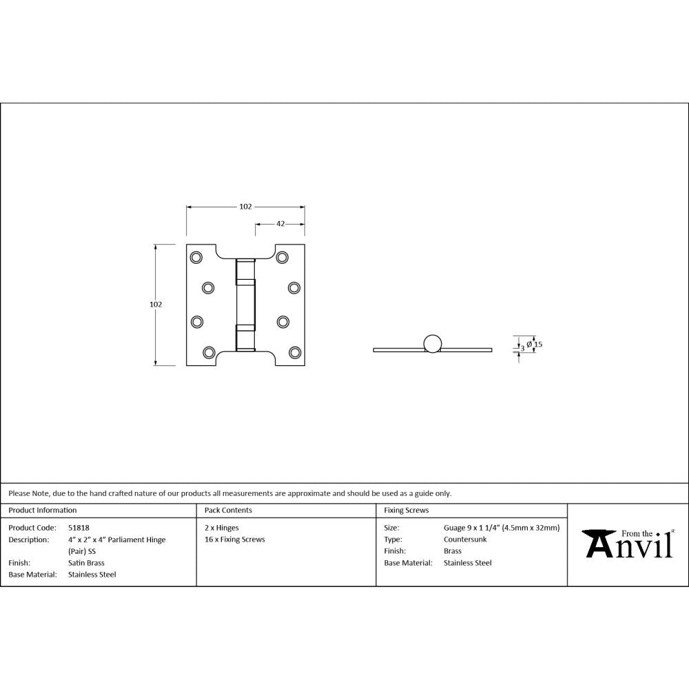 From The Anvil - Satin Brass 4" x 2" x 4" Parliament Hinge (pair) ss | Sku. 51818 | Trade Door Handles.
