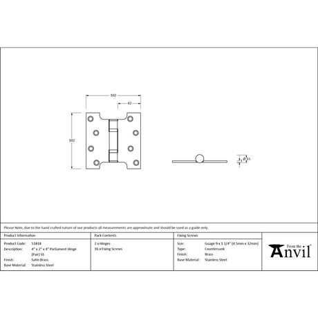 From The Anvil - Satin Brass 4" x 2" x 4" Parliament Hinge (pair) ss | Sku. 51818 | Trade Door Handles.