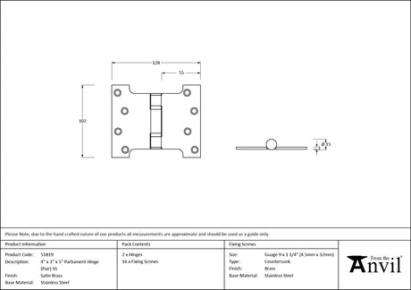 From The Anvil - Satin Brass 4" x 3" x 5" Parliament Hinge (pair) ss | Sku. 51819 | Trade Door Handles.
