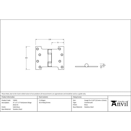 From The Anvil - Satin Brass 4" x 3" x 5" Parliament Hinge (pair) ss | Sku. 51819 | Trade Door Handles.