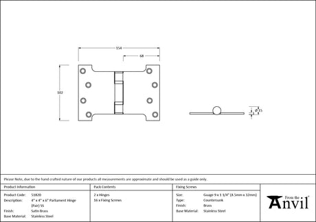 From The Anvil - Satin Brass 4" x 4" x 6" Parliament Hinge (pair) ss | Sku. 51820 | Trade Door Handles.