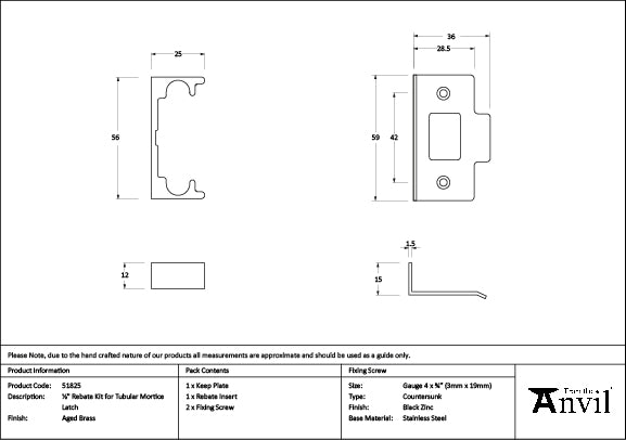 From The Anvil - Aged Brass ½" Rebate Kit for Tubular Mortice Latch