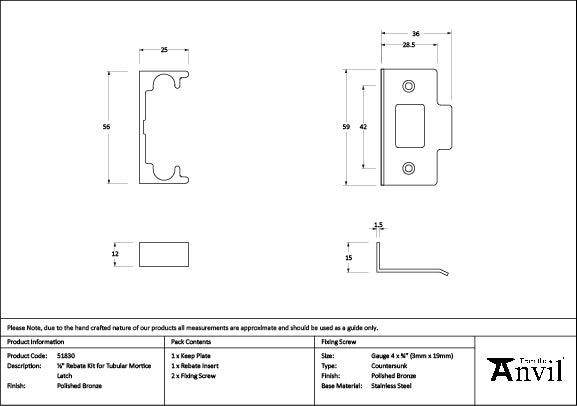 From The Anvil - Polished Bronze ½" Rebate Kit for Tubular Mortice Latch