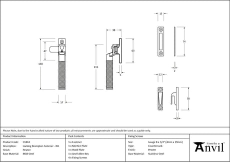 From The Anvil - Pewter Locking Brompton Fastener - RH | Sku. 51844 | Trade Door Handles.