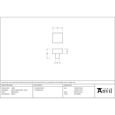 From The Anvil - Aged Bronze Albers Cabinet Knob - 25mm | Sku. 51853 | Trade Door Handles.