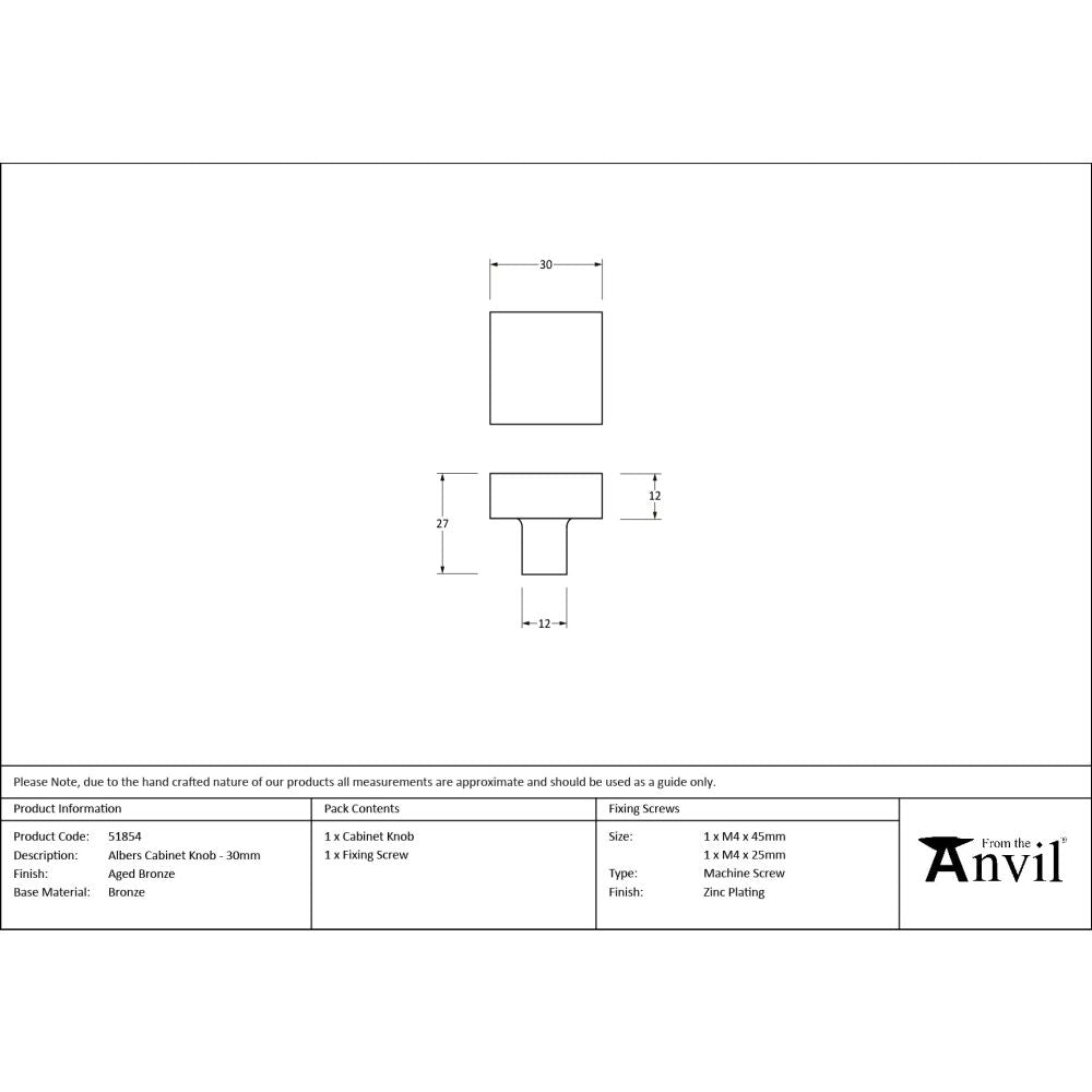 From The Anvil - Aged Bronze Albers Cabinet Knob - 30mm | Sku. 51854 | Trade Door Handles.