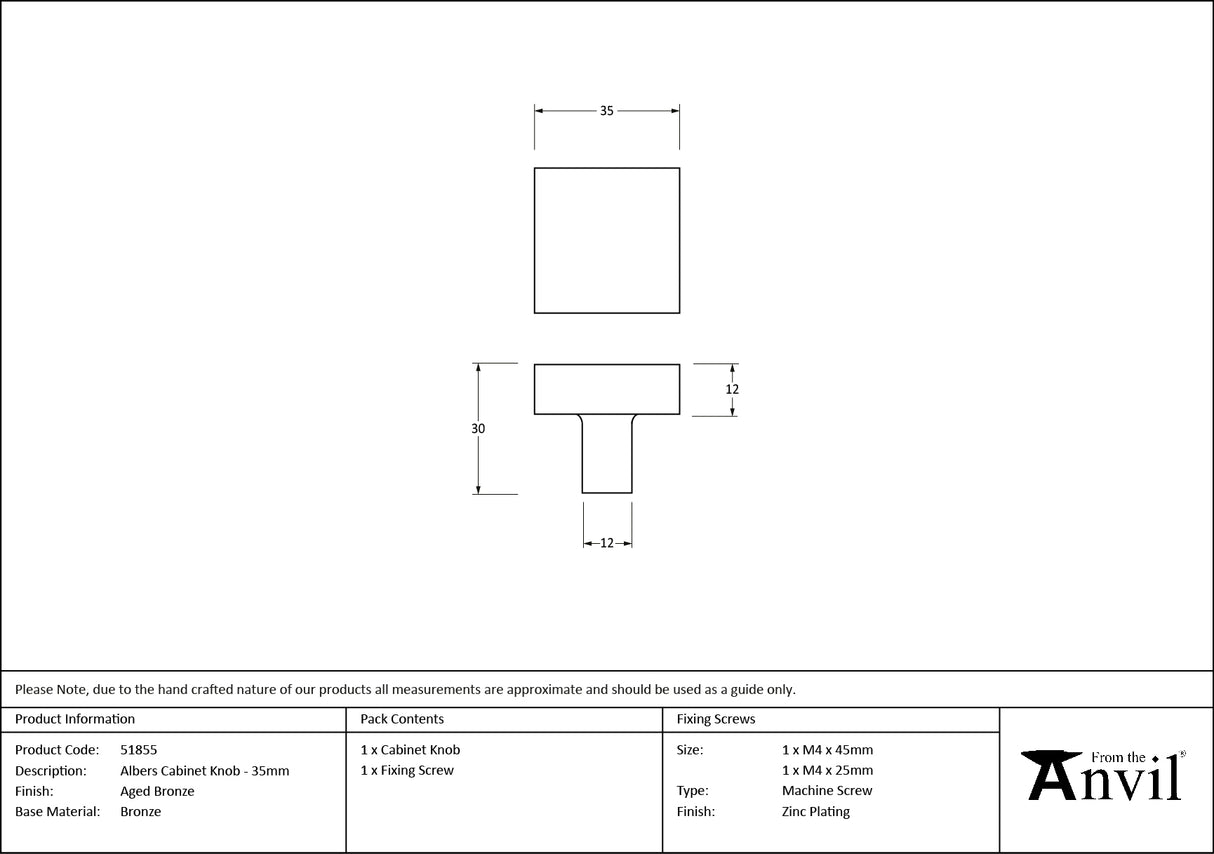 From The Anvil - Aged Bronze Albers Cabinet Knob - 35mm | Sku. 51855 | Trade Door Handles.