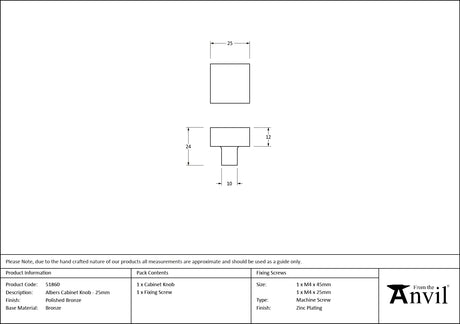 From The Anvil - Polished Bronze Albers Cabinet Knob - 25mm | Sku. 51860 | Trade Door Handles.