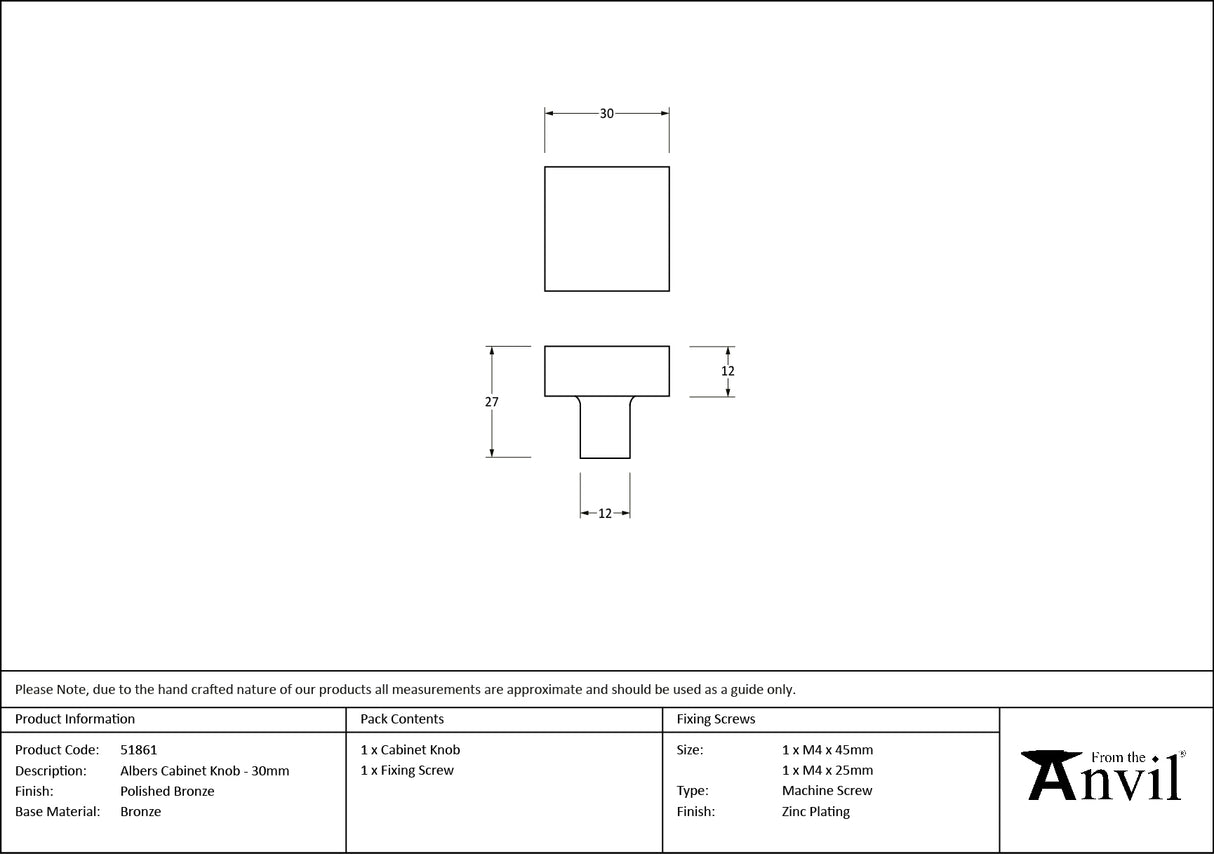 From The Anvil - Polished Bronze Albers Cabinet Knob - 30mm | Sku. 51861 | Trade Door Handles.
