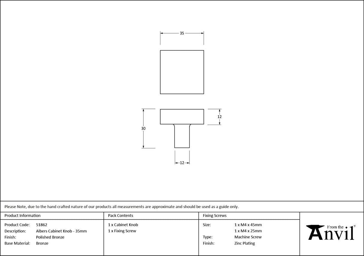 From The Anvil - Polished Bronze Albers Cabinet Knob - 35mm | Sku. 51862 | Trade Door Handles.