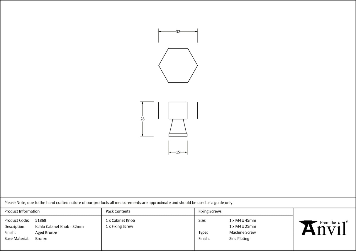 From The Anvil - Aged Bronze Kahlo Cabinet Knob - 32mm | Sku. 51868 | Trade Door Handles.