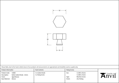 From The Anvil - Aged Bronze Kahlo Cabinet Knob - 32mm | Sku. 51868 | Trade Door Handles.