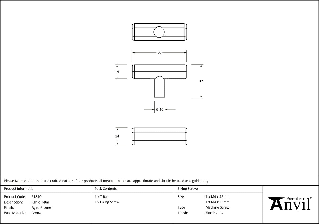 From The Anvil - Aged Bronze Kahlo T-Bar | Sku. 51870 | Trade Door Handles.
