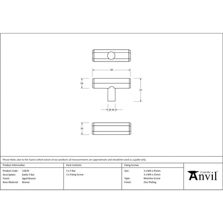 From The Anvil - Aged Bronze Kahlo T-Bar | Sku. 51870 | Trade Door Handles.