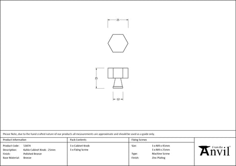 From The Anvil - Polished Bronze Kahlo Cabinet Knob - 25mm | Sku. 51874 | Trade Door Handles.