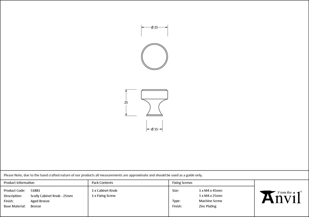 From The Anvil - Aged Bronze Scully Cabinet Knob - 25mm | Sku. 51881 | Trade Door Handles.