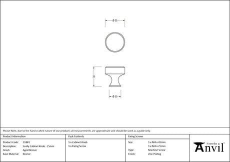 From The Anvil - Aged Bronze Scully Cabinet Knob - 25mm | Sku. 51881 | Trade Door Handles.