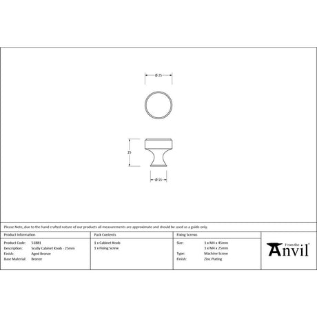 From The Anvil - Aged Bronze Scully Cabinet Knob - 25mm | Sku. 51881 | Trade Door Handles.