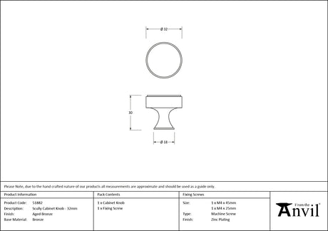 From The Anvil - Aged Bronze Scully Cabinet Knob - 32mm | Sku. 51882 | Trade Door Handles.