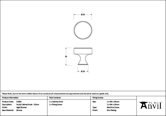 From The Anvil - Aged Bronze Scully Cabinet Knob - 32mm