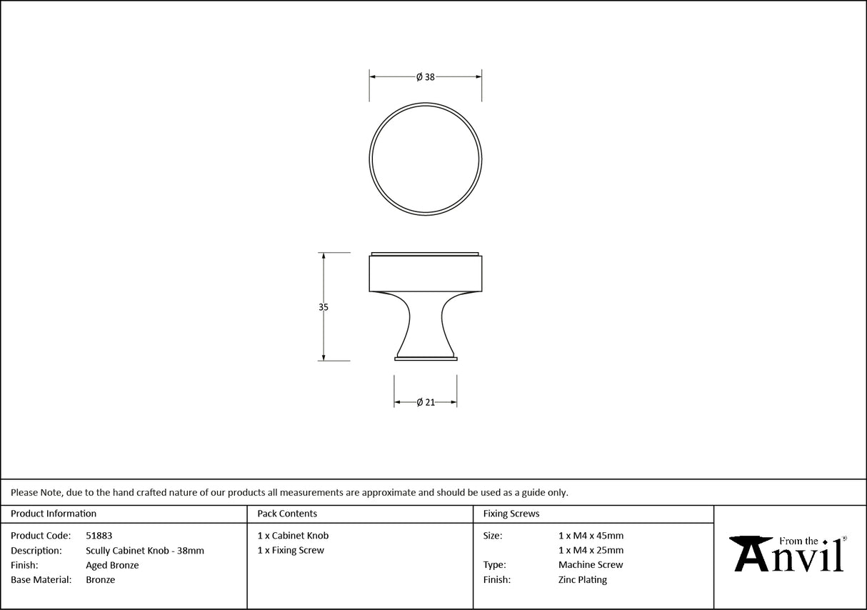 From The Anvil - Aged Bronze Scully Cabinet Knob - 38mm | Sku. 51883 | Trade Door Handles.