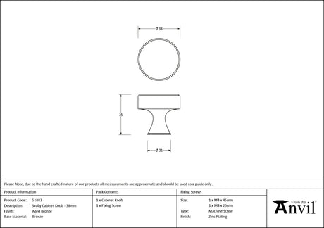 From The Anvil - Aged Bronze Scully Cabinet Knob - 38mm | Sku. 51883 | Trade Door Handles.