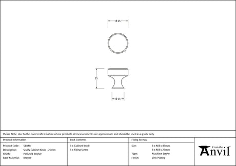 From The Anvil - Polished Bronze Scully Cabinet Knob - 25mm | Sku. 51888 | Trade Door Handles.