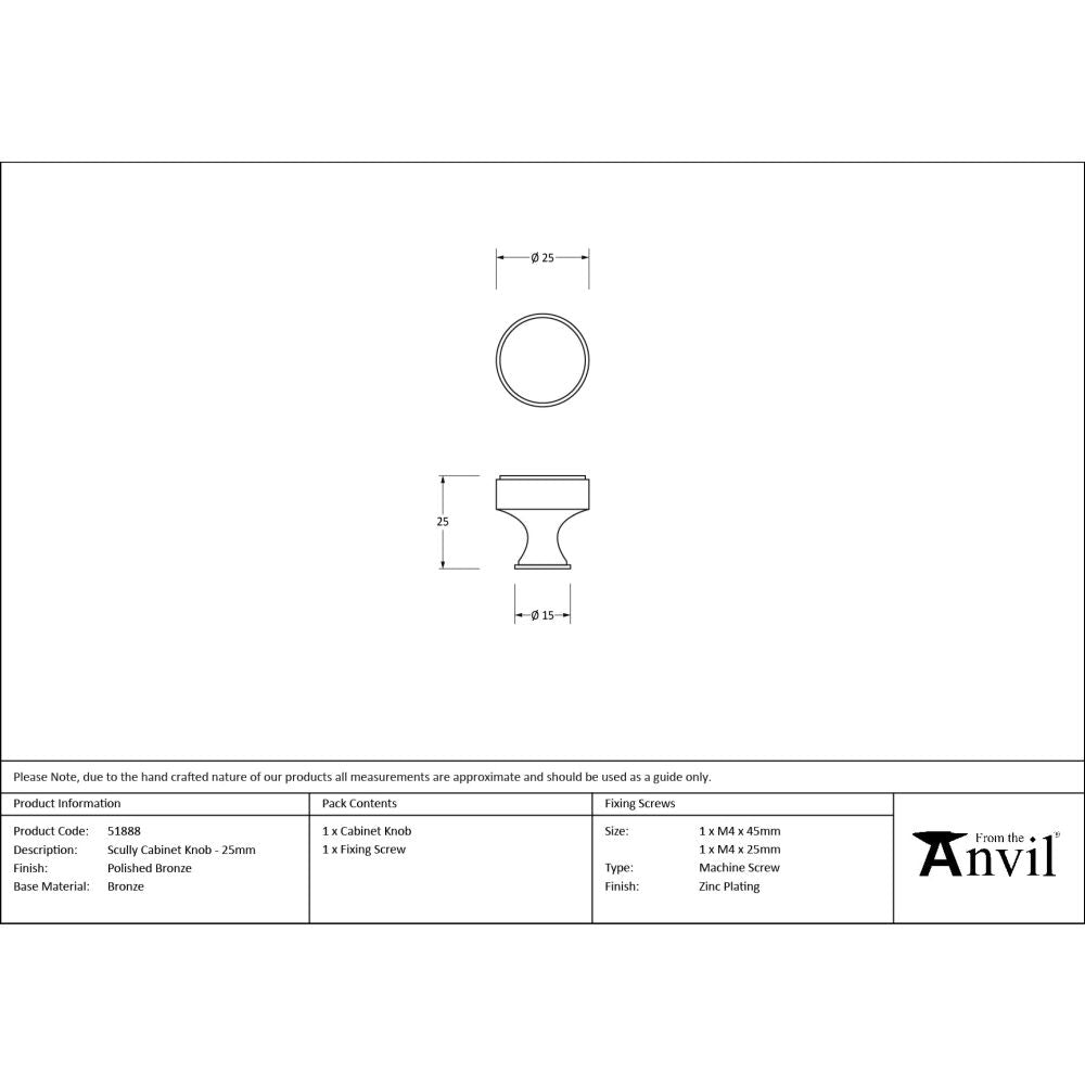 From The Anvil - Polished Bronze Scully Cabinet Knob - 25mm | Sku. 51888 | Trade Door Handles.