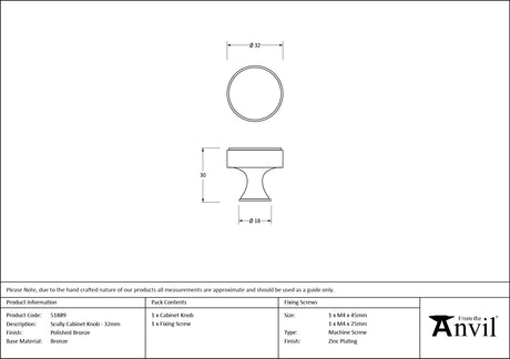 From The Anvil - Polished Bronze Scully Cabinet Knob - 32mm | Sku. 51889 | Trade Door Handles.
