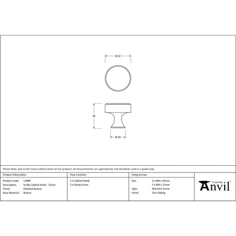 From The Anvil - Polished Bronze Scully Cabinet Knob - 32mm | Sku. 51889 | Trade Door Handles.