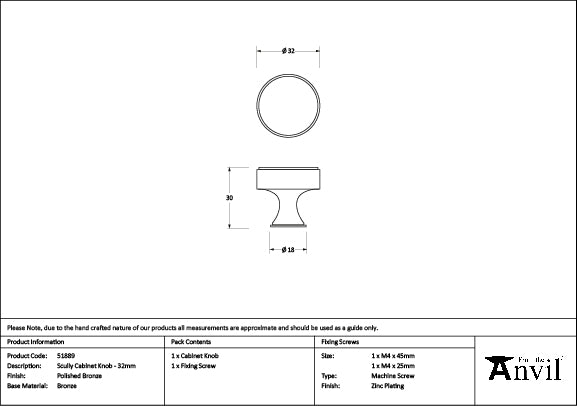 From The Anvil - Polished Bronze Scully Cabinet Knob - 32mm