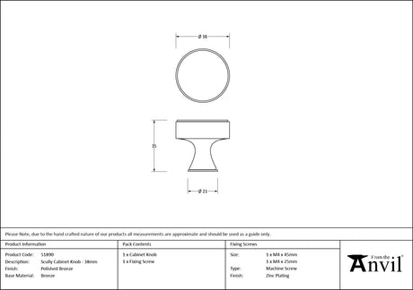 From The Anvil - Polished Bronze Scully Cabinet Knob - 38mm | Sku. 51890 | Trade Door Handles.