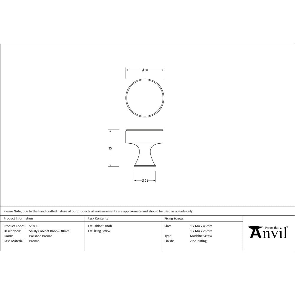 From The Anvil - Polished Bronze Scully Cabinet Knob - 38mm | Sku. 51890 | Trade Door Handles.