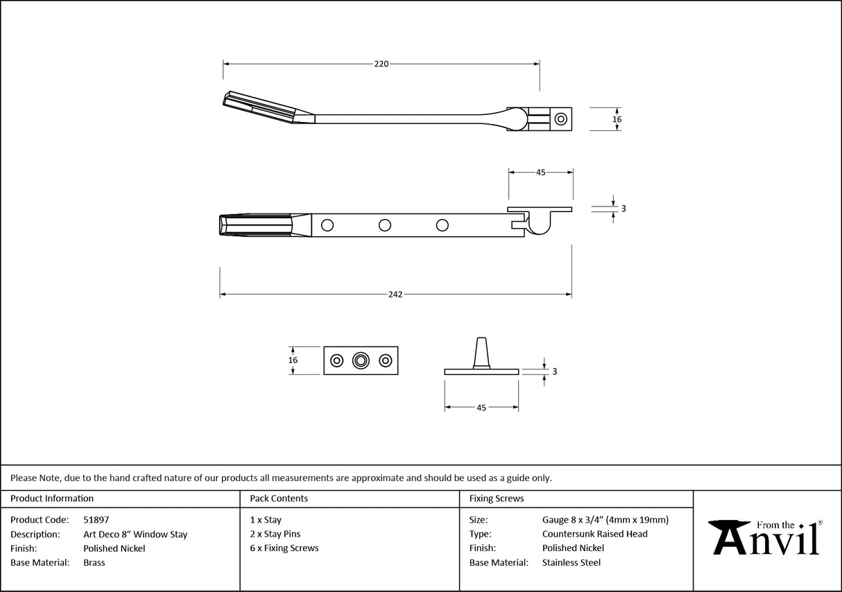 From The Anvil - Polished Nickel Art Deco 8" Stay | Sku. 51897 | Trade Door Handles.