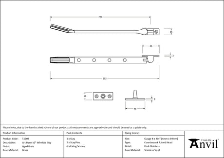 From The Anvil - Aged Brass Art Deco 10" Stay | Sku. 51902 | Trade Door Handles.