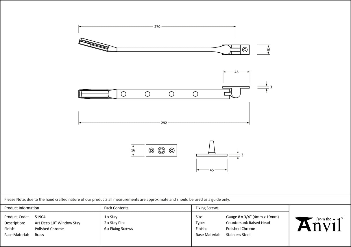 From The Anvil - Polished Chrome Art Deco 10" Stay | Sku. 51904 | Trade Door Handles.