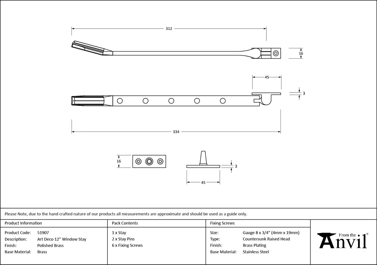 From The Anvil - Polished Brass Art Deco 12" Stay | Sku. 51907 | Trade Door Handles.