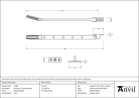 From The Anvil - Polished Nickel Art Deco 12" Stay | Sku. 51909 | Trade Door Handles.