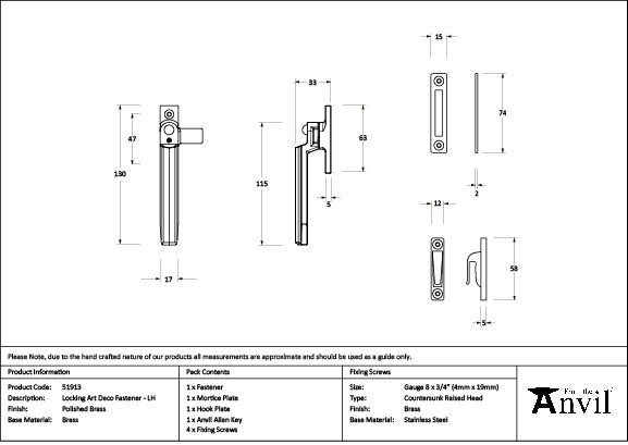 From The Anvil - Polished Brass Locking Art Deco Fastener - LH