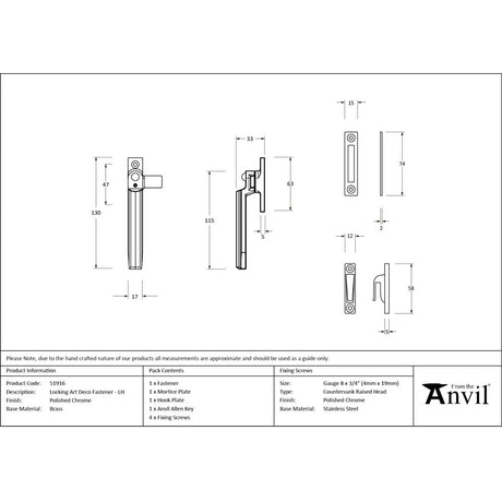 From The Anvil - Polished Chrome Locking Art Deco Fastener - LH | Sku. 51916 | Trade Door Handles.