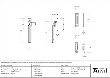 From The Anvil - Polished Bronze Locking Art Deco Fastener - LH | Sku. 51918 | Trade Door Handles.