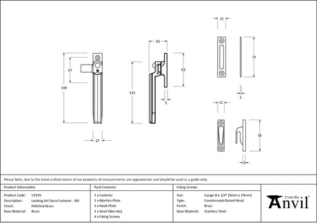From The Anvil - Polished Brass Locking Art Deco Fastener - RH | Sku. 51919 | Trade Door Handles.