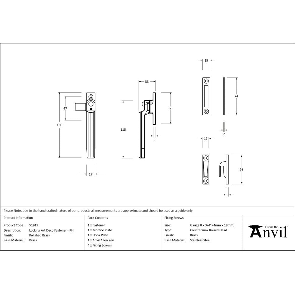 From The Anvil - Polished Brass Locking Art Deco Fastener - RH | Sku. 51919 | Trade Door Handles.