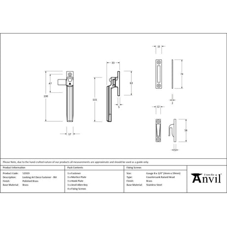 From The Anvil - Polished Brass Locking Art Deco Fastener - RH | Sku. 51919 | Trade Door Handles.