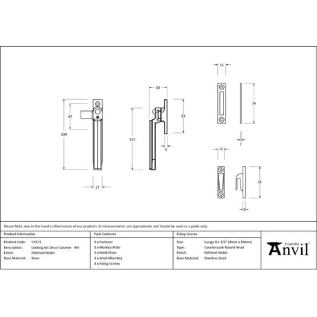 From The Anvil - Polished Nickel Locking Art Deco Fastener - RH | Sku. 51921 | Trade Door Handles.
