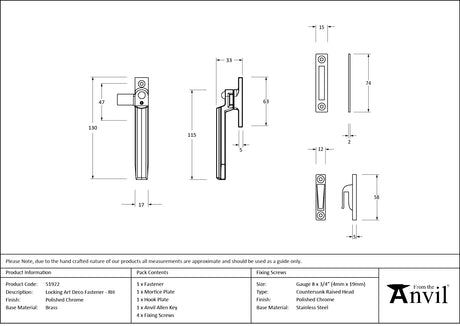 From The Anvil - Polished Chrome Locking Art Deco Fastener - RH | Sku. 51922 | Trade Door Handles.