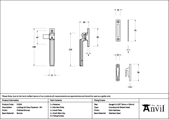 From The Anvil - Polished Bronze Locking Art Deco Fastener - RH